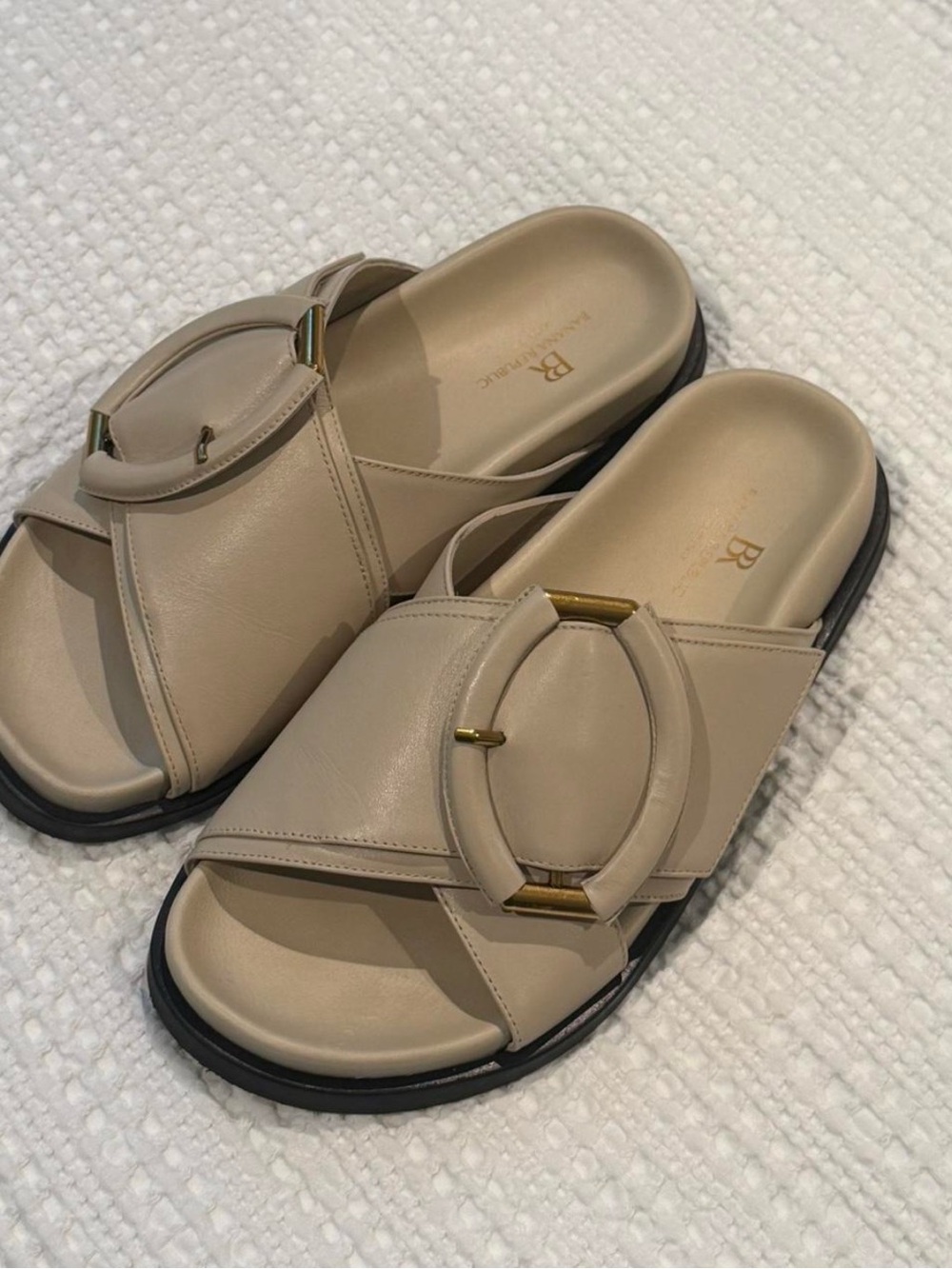 BANANA REPUBLIC Taupe Leather Slide Mules with Gold Ring Detail